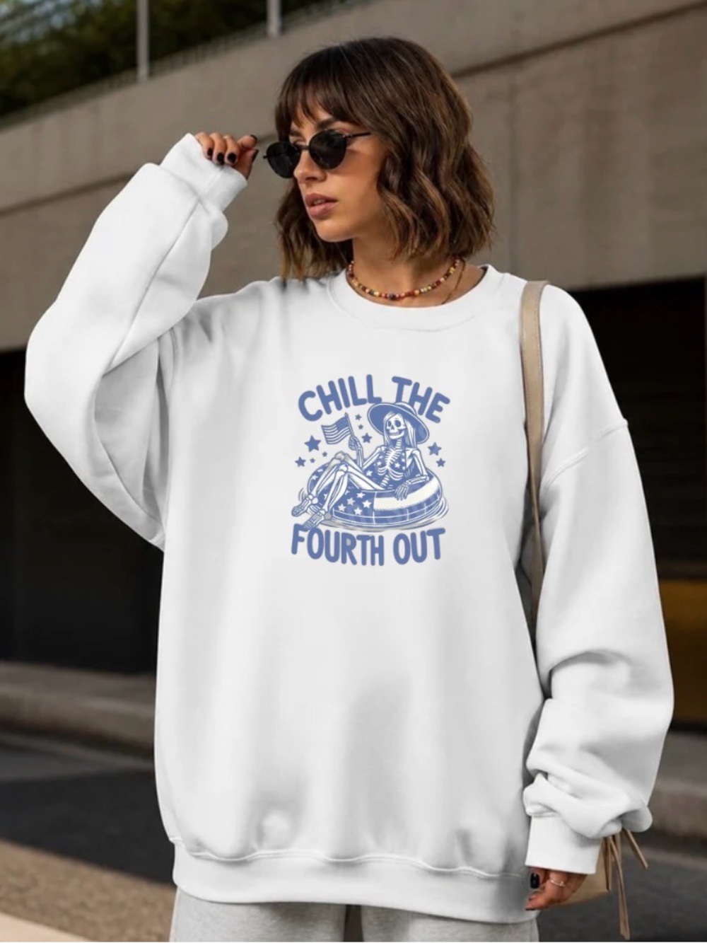 Chill the Fourth Out Sweatshirt Funny Patriotic Skeleton Crewneck